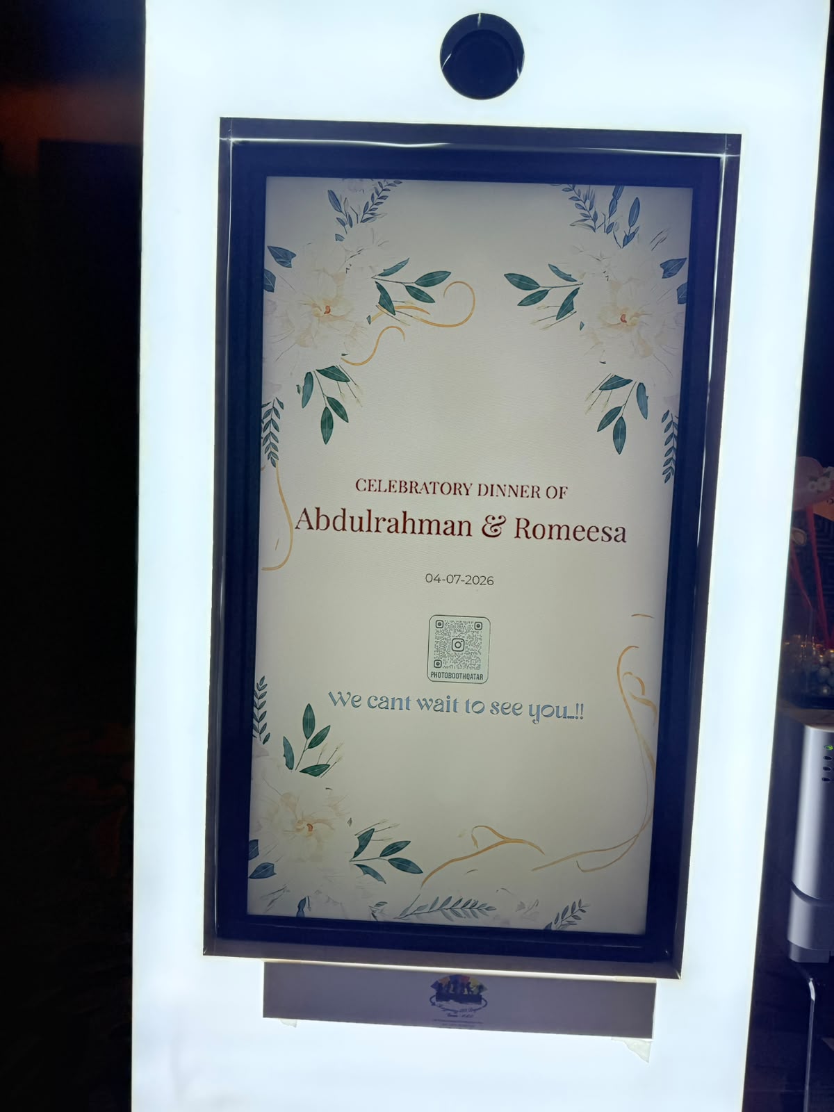 Custom wedding welcome screen for Abdulrahman and Romeesa at Rosewood Abu Dhabi photobooth